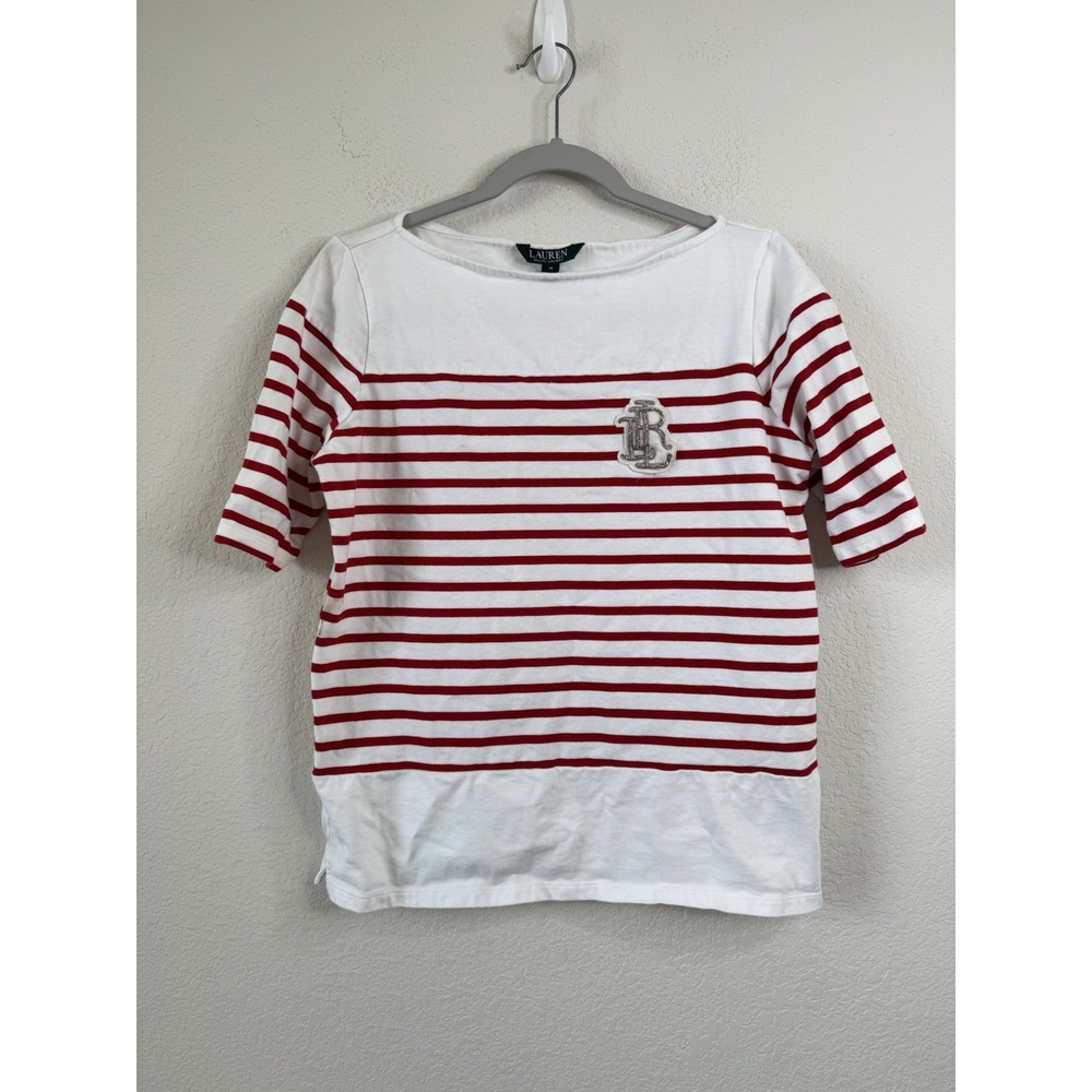 Lauren Ralph Lauren Breton Stripe Nautical Top Metallic Crest Patch Sz M‎ Preppy